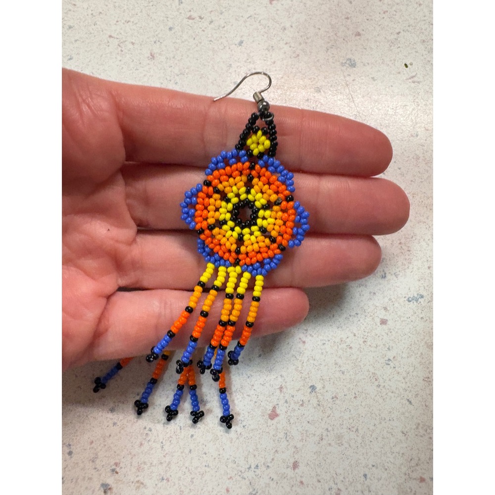 Handmade Peruvian Beaded Tassel Earrings Colorful Geometric Boho Dangle Jewelry - Picture 3 of 5
